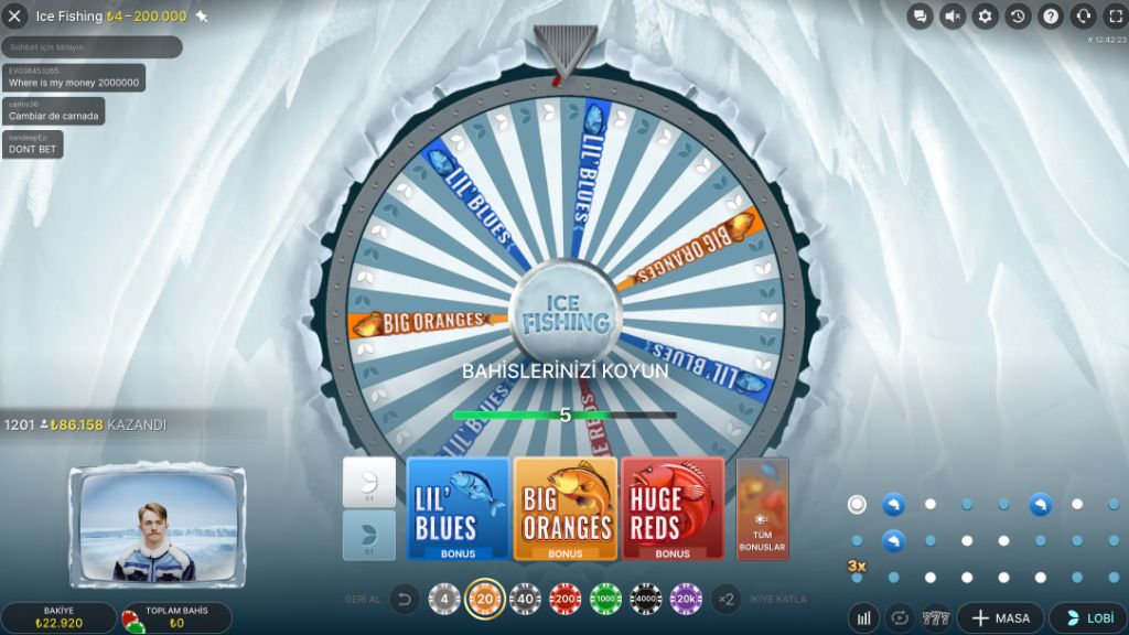 Ice Fishing bahis aşaması — BAHİSLERİNİZİ KOYUN ekranı ve chip seçenekleri
