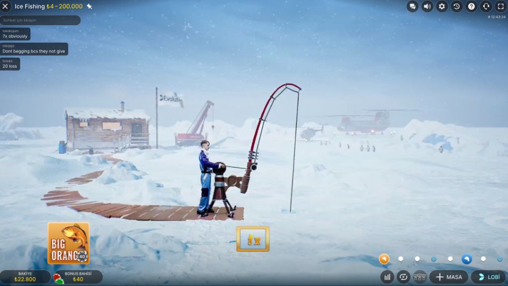 Ice Fishing bonus sahnesi — oltada balık yok, düşük çarpanlı boş geçen tur