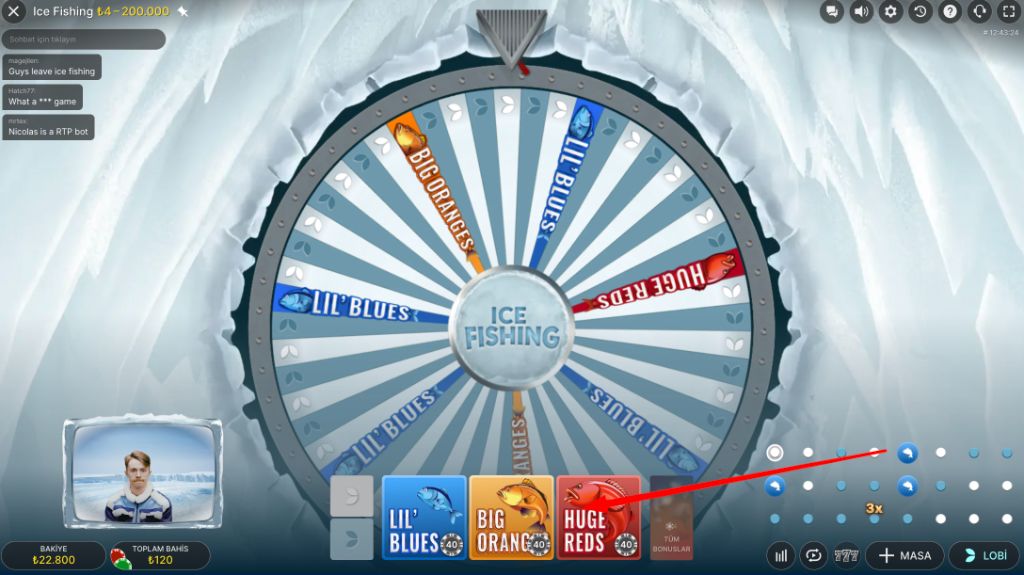 Ice Fishing bahis alanları — Lil' Blues, Big Oranges ve Huge Reds bonus kartları