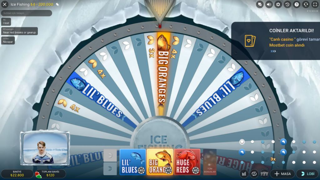 Ice Fishing sonuç ekranı — çark Big Oranges diliminde durdu
