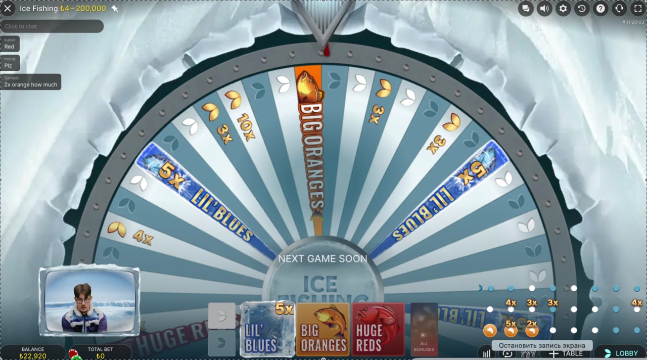 Ice Fishing canlı masası — çark Big Oranges diliminde, 53 dilimlik buzul çark yakın plan