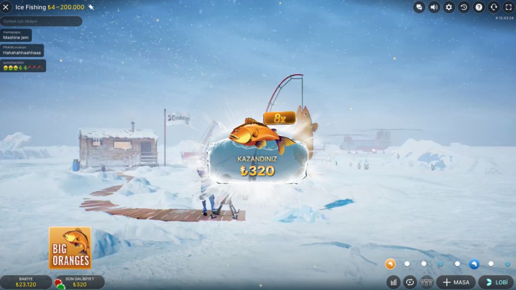 Ice Fishing bonus kazancı — Big Oranges sahnesinde 8x çarpanla ₺320 kazanç ekranı
